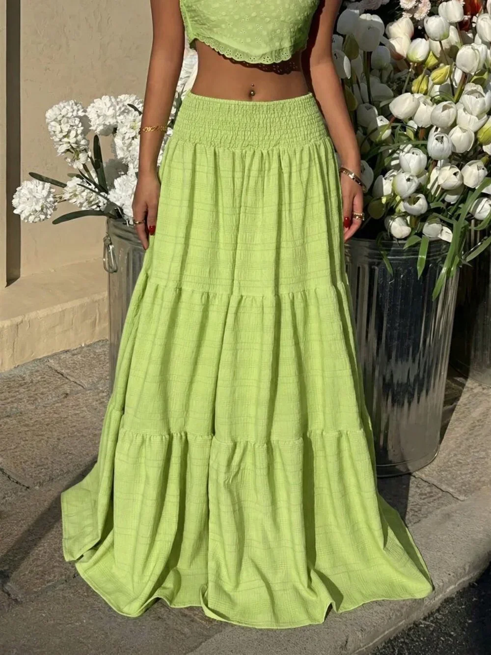 Green Casual Women's Textured Fabric High Waist Tiered Hem Skirt